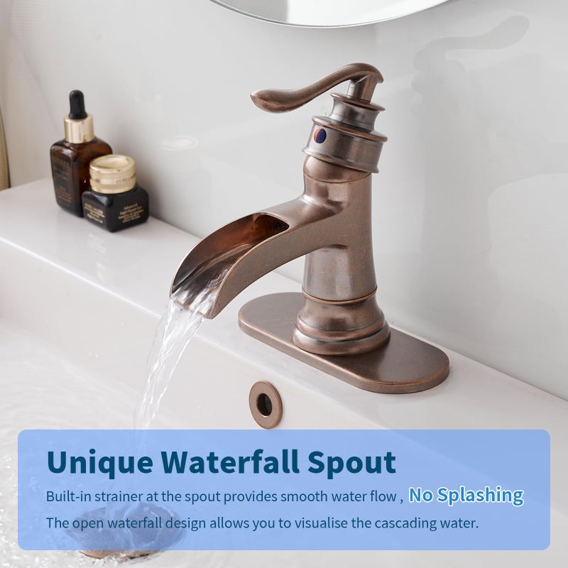 BWE Copper Bathroom Faucet Antique Brass Sink Vanity Basin Single Handle with Pop up Drain Assembly Waterfall Rose Mixer Tap One Hole Lever with Overflow Deck Mount Commercial - Image 2